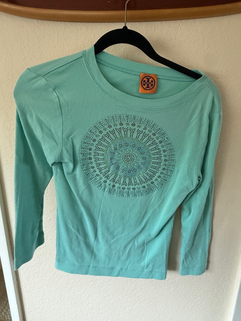Tory Burch Mint Green Long Sleeve Tee with Decorative Front Medallion